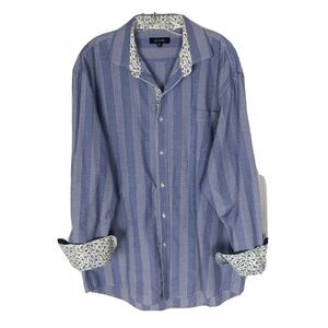 Bogari Mens Shirt Button Front Long Sleeve XL  BLUE Striped Shirt Contrast Cuffs